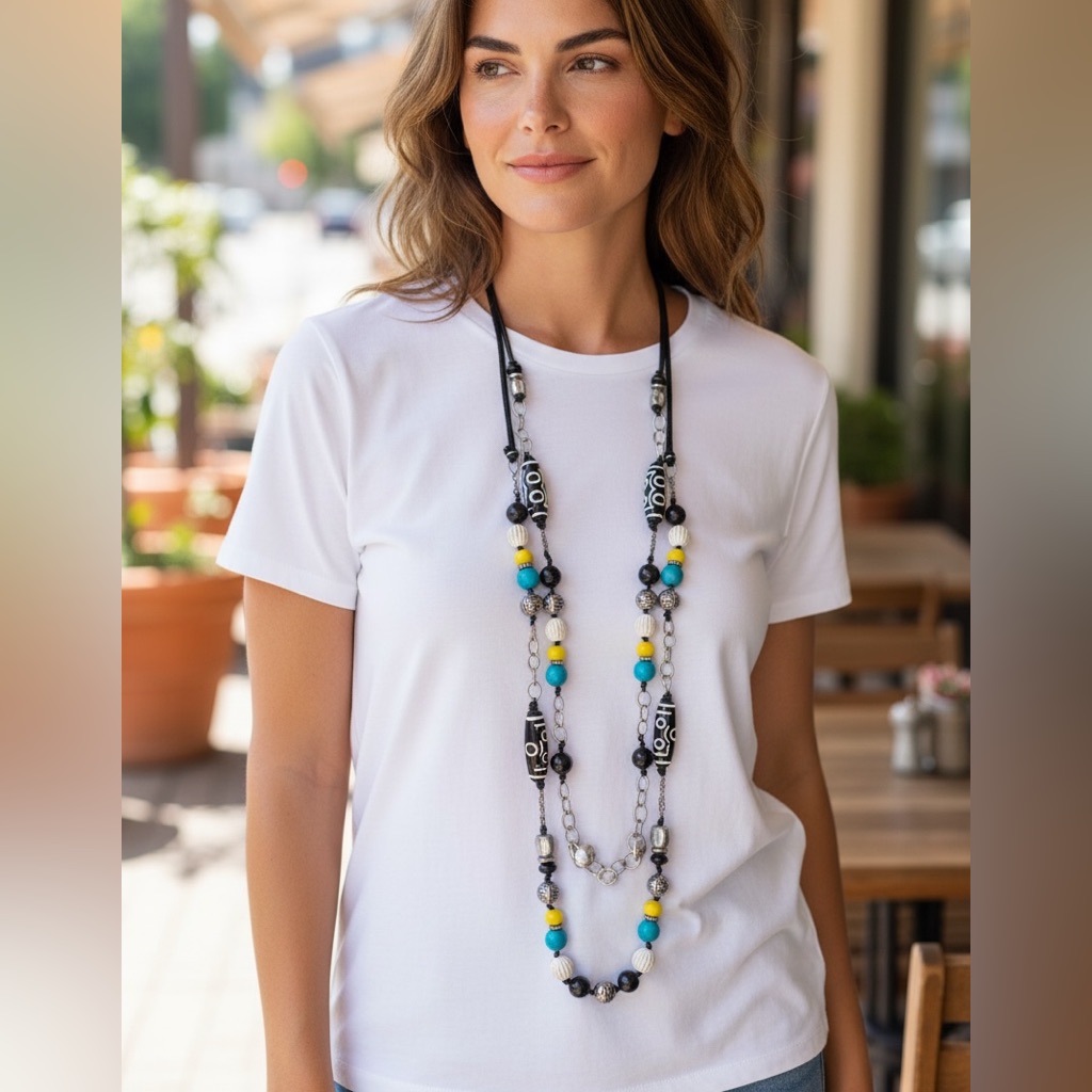 Ruby Rd Beaded Statement Necklace Black White Turquoise Yellow Mixed Media Boho